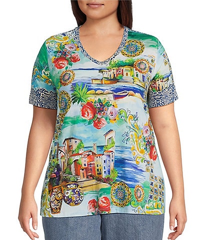 JOHNNY WAS Plus The Janie Favorite Scenic Print Knit V-Neck Short Sleeve Tee