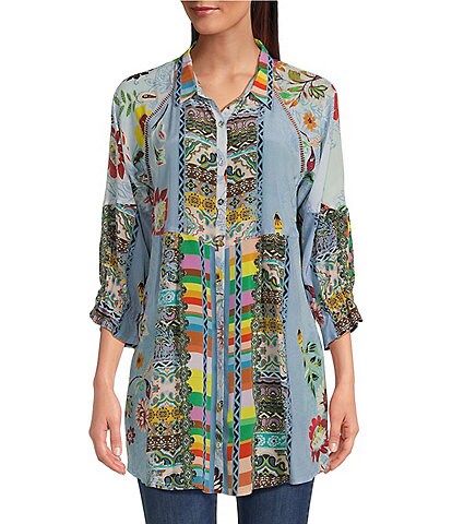 JOHNNY WAS Rainbow Adonia Silk Floral Patchwork Print Point Collar Long Sleeve Button-Front Tunic