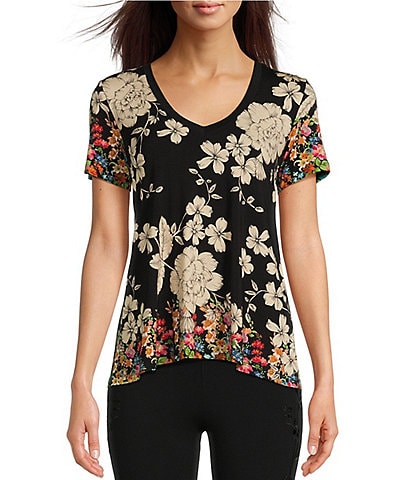 JOHNNY WAS Redland Favorite Bamboo Stretch Knit Floral Print V-Neck Short Sleeve Tee Shirt