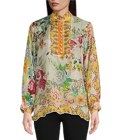 JOHNNY WAS Rossy Abby Ornate Floral Print Silk Banded Collar Long Sleeve Blouse