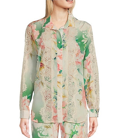 JOHNNY WAS Ruksana Lace Inset Detail Floral Print Silk Point Collar Long Sleeve Button-Front Coordinating Shirt