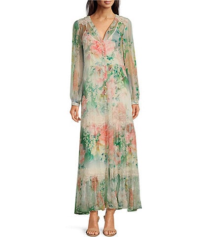 JOHNNY WAS Ruksana Lace Trim Floral Print Silk V-Neck Long Sleeve Button-Front Tiered Maxi Dress