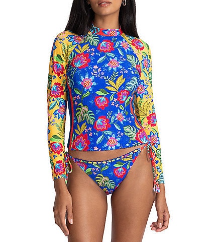 JOHNNY WAS Rumba Mix Long Sleeve Crochet Detail Rashguard Swim Top & Tie Side Crochet Detail Hipster Swim Bottom