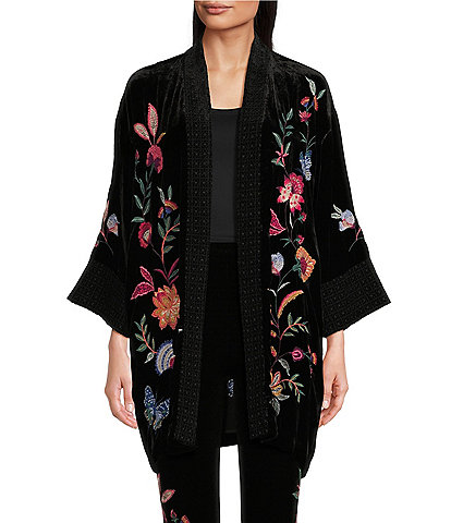 JOHNNY WAS Sandra Placement Floral Embroidered Velvet Open-Front Kimono Jacket