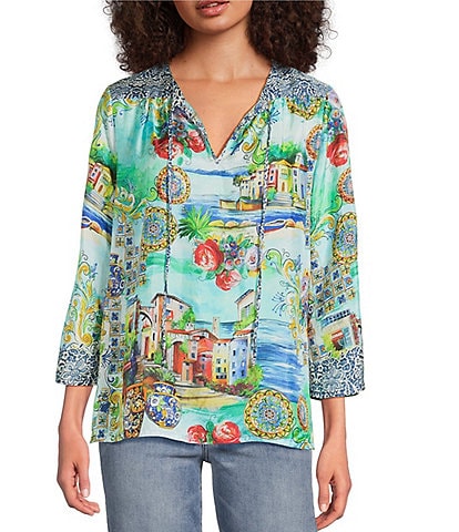 JOHNNY WAS Scenic Print Silk Split V-Neck 3/4 Sleeve Flowy Blouse