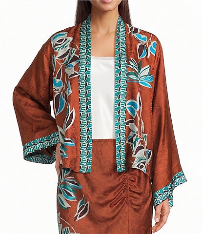 JOHNNY WAS Shakri Placement Floral and Contrasting Border Print Open-Front Long Sleeve Coordinating Short Kimono Jacket