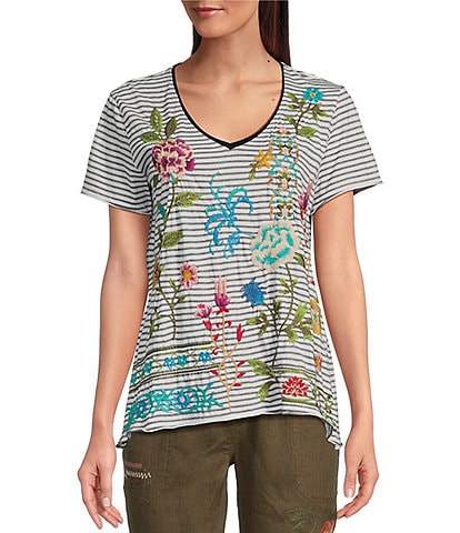 JOHNNY WAS Sheri Everyday Knit Contrast Stripe Print V-Neck Short Sleeve Floral Embroidered Tee Shirt
