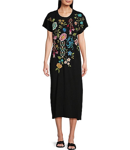 JOHNNY WAS Sheri Relaxed Knit Embroidered Placement Floral Motif Short Sleeve Midi Shift Dress