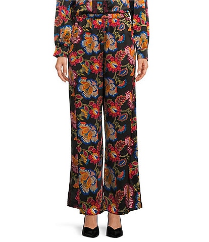 JOHNNY WAS Sidonia Vibrant Floral Printed Silk Embroidered Side Seam Wide-Leg Coordinating Pants
