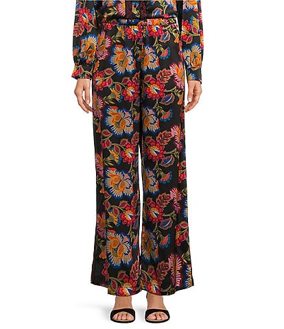 JOHNNY WAS Sidonia Vibrant Floral Printed Silk Embroidered Side Seam Wide-Leg Coordinating Pants