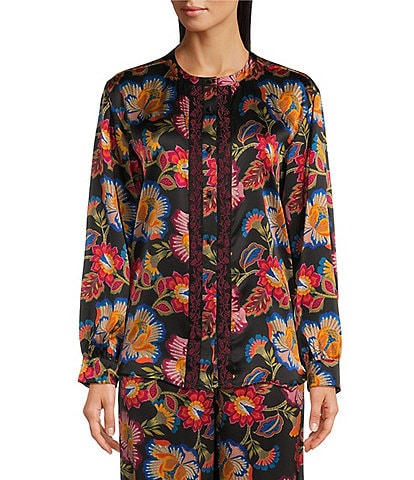 JOHNNY WAS Sidonia Vibrant Floral Printed Silk Mandarin Collar Long Sleeve Button-Front Coordinating Blouse