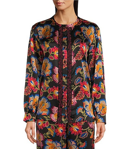 JOHNNY WAS Sidonia Vibrant Floral Printed Silk Mandarin Collar Long Sleeve Button-Front Coordinating Blouse