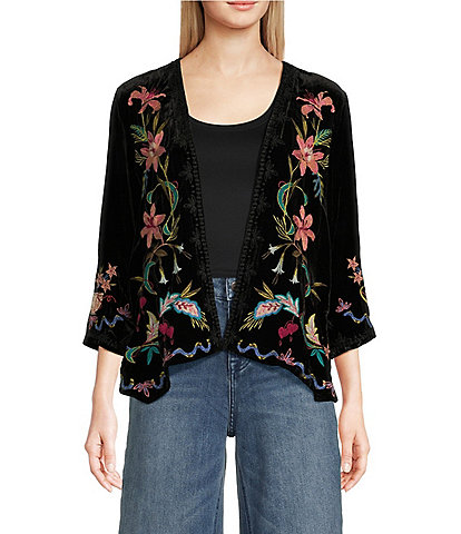 JOHNNY WAS Silk-Blend Floral Embroidered Velvet 3/4 Sleeve Open Front Cropped Bolero