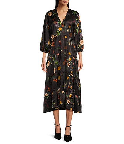 JOHNNY WAS Silk Floral Bouquet Print V-Neck 3/4 Bishop Sleeve Chevron Tiered Midi Dress