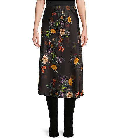 JOHNNY WAS Silk Floral Bouquet Pull-On Midi Skirt