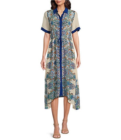 JOHNNY WAS Silk Paisley Spread Collar Short Sleeve Contrast Trim Button Front Handkerchief Shirt Dress