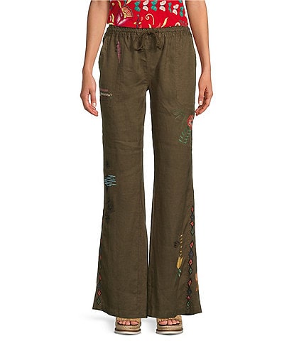 JOHNNY WAS Simmie Linen Blend Drawstring Elastic Waist Side Pocket Embroidered Pants