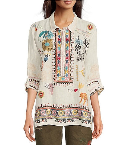 JOHNNY WAS Simmie Linen Point Collar Long Sleeve Embroidered Blouse