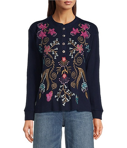 JOHNNY WAS Sisa Embroidered Placement Floral Textured Thermal Knit Henley Neck Long Sleeve Top