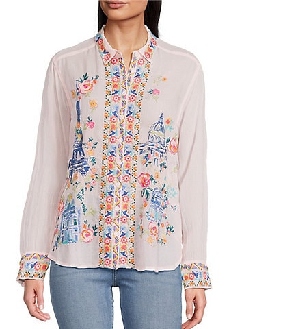 JOHNNY WAS Sydnee Woven Embroidered Point Collar Long Sleeve Button Front Blouse