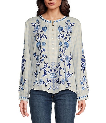 JOHNNY WAS Tarra Field Embroidered Cotton Split Round Henley Neck Long Sleeve Blouse