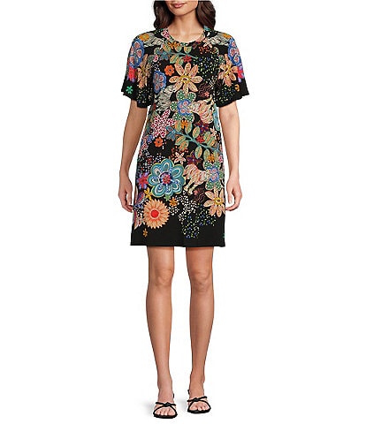 JOHNNY WAS The Janie Favorite Bold Floral Print Knit Round Neck Elbow Flutter Sleeve Shift Dress