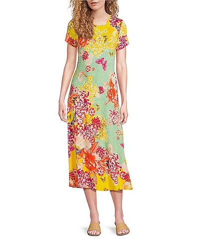 JOHNNY WAS The Janie Favorite Charlie Floral Print Knit Jersey Crew Neck Cap Sleeve Midi Dress