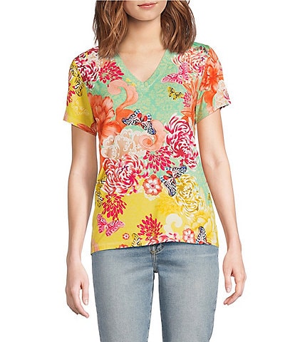 JOHNNY WAS The Janie Favorite Charlie Floral Print V-Neck Short Sleeve Knit Tee