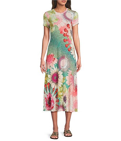 JOHNNY WAS The Janie Favorite Emily Abstract Floral Print Knit Jersey Crew Neck Cap Sleeve Midi Dress