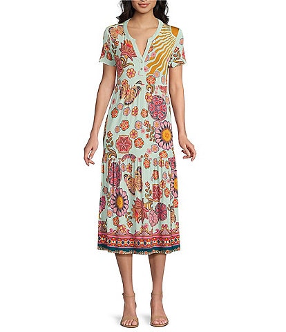 JOHNNY WAS The Janie Favorite Endora Scarf Print Split V-Neck Short Sleeve Tiered Midi Dress