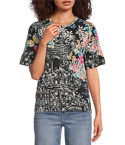 JOHNNY WAS The Janie Favorite Floral & Architecture Print Knit Round Neck Short Elbow Sleeve Button Front Tee