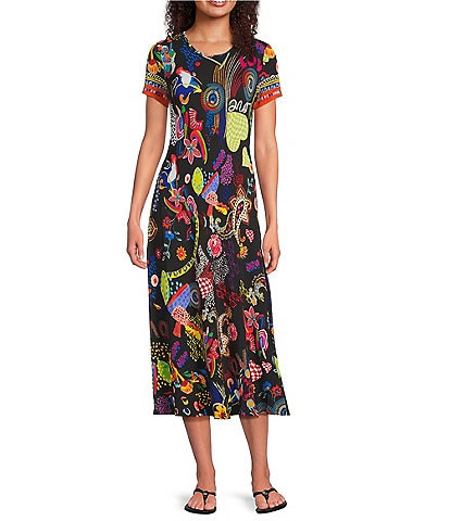 JOHNNY WAS The Janie Favorite Jenny Scarf Mixed Print Crew Neck Cap Sleeve Midi Dress