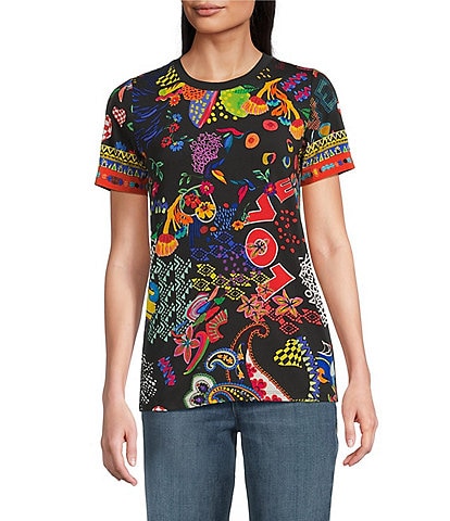 JOHNNY WAS The Janie Favorite Jenny Scarf Mixed Print Crew Neck Short Sleeve Knit Tee