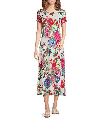 JOHNNY WAS The Janie Favorite Kallie Floral Scarf Print Knit Crew Neck Cap Sleeve Midi Dress