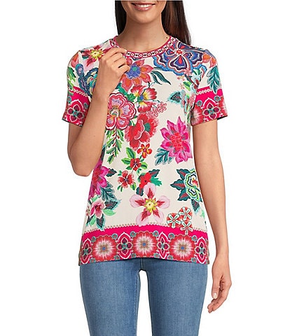 JOHNNY WAS The Janie Favorite Kallie Scarf Print Crew Neck Short Sleeve Knit Tee