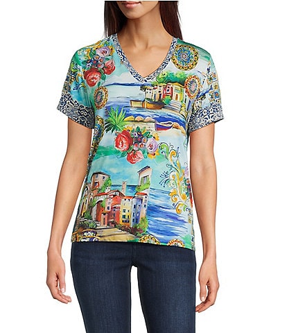 JOHNNY WAS The Janie Favorite Scenic Print Knit V-Neck Short Sleeve Tee