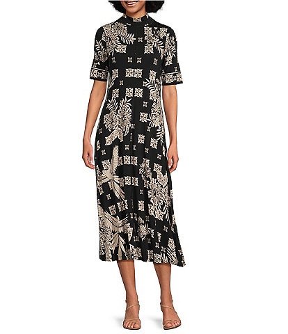 JOHNNY WAS The Janie Favorite Short Sleeve Seamed Mock Neck Printed Dress