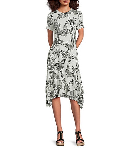 JOHNNY WAS The Janie Favorite Sydnee Butterfly Print Knit Crew Neck Short Sleeve Handkerchief Hem Dress