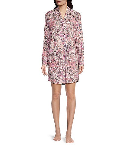 JOHNNY WAS The Neena Floral Print Notch Collar Knit Chest Pocket Long Sleeve Nightshirt