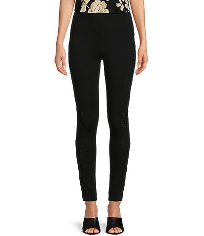 JOHNNY WAS Tonal Floral Embroidery Stretch Knit Pull-On Ankle Leggings