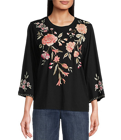 JOHNNY WAS Vienna Floral Embroidery Motif Long Kimono Sleeve Tee