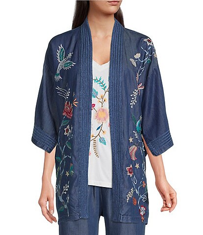 JOHNNY WAS Viola Floral & Bird Motif Embroidered Denim Ribbed Shawl Collar 3/4 Sleeve Open Front Kimono Statement Jacket
