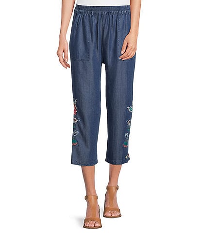 JOHNNY WAS Viola Floral Embroidered Side Hem Lyocell Denim Pull-On Straight Leg Cropped Pants