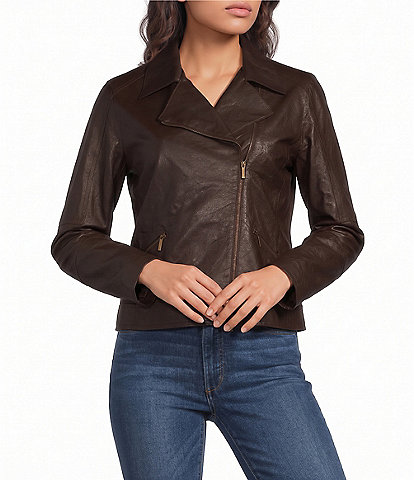JOHNNY WAS Winged Collar Long Sleeve Leather Bike Jacket