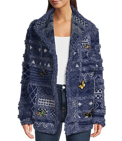 JOHNNY WAS Wool Blend Embellished Patchwork Pocketed Open Front Jacket