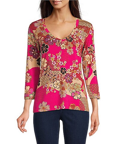 JOHNNY WAS Yama Favorite Oriental Floral Print Bamboo Knit Jersey 3/4 Sleeve Tee