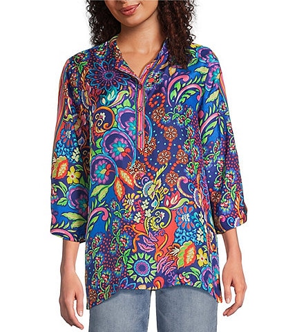 JOHNNY WAS Yuri Mod Floral Print Silk Banded Collar 3/4 Sleeve Five-Button Half-Placket Tunic
