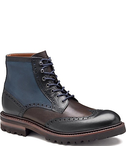 Johnston & Murphy Collection Men's Dudley Leather Brogue Detail Wingtip Lug Sole Boots