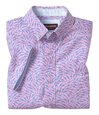 Johnston & Murphy Little/Big Boys 4-16 Short Sleeve Point Collar Chest Pocket Swarming Shark Print Shirt