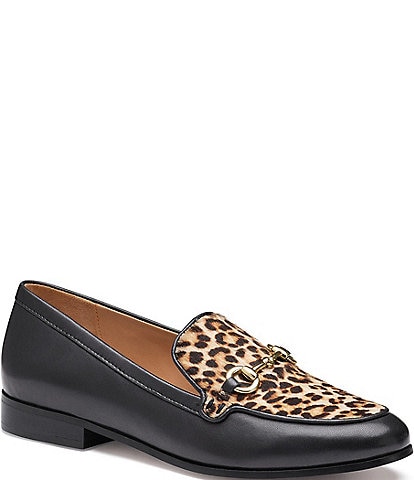 Johnston & Murphy Women's Ali Leather Leopard Print Calf Hair Bit Buckle Loafers